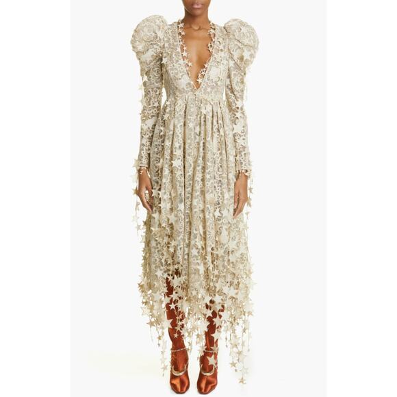 ZIMMERMAN Celestial Zodiac Long Sleeve Lace Midi Dress AUS 1/US 6 Champagne NWT - Picture 1 of 16
